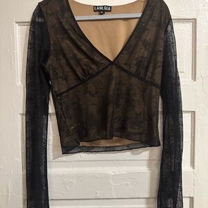 I.AM.GIA Black Sheer Floral Lace V-Neck Long Sleeve Top
